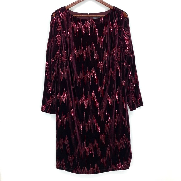 Jessica Howard Burgundy Sequin Velvet Dress With Sleeves Purple To Red Hues - Picture 1 of 16